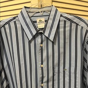 Lacoste Men's Light Blue and Navy Blue Striped Dress Shirt